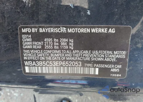 2014 BMW 328I xDrive from USA, damaged, VIN WBA3B5C53EP652053
